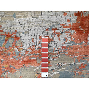7'10"x9'10" Dark Coral with Medium Gray, Abstract with Fire Mosaic Design, Densely Woven, Wool and Silk, Hand Knotted, Oriental Rug FWR61080