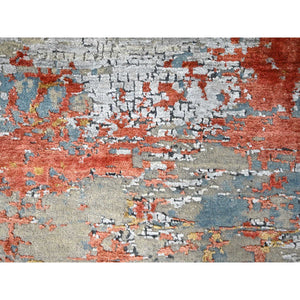 7'10"x9'10" Dark Coral with Medium Gray, Abstract with Fire Mosaic Design, Densely Woven, Wool and Silk, Hand Knotted, Oriental Rug FWR61080