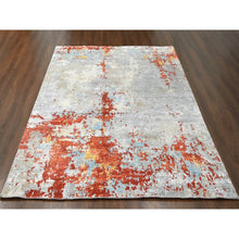 Load image into Gallery viewer, 9&#39;x11&#39;9&quot; Flame Orange with Cloud Gray, Densely Woven, Abstract with Fire Mosaic Design, Wool and Silk, Hand Knotted, Oriental Rug FWR61086