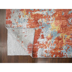 9'x11'9" Flame Orange with Cloud Gray, Densely Woven, Abstract with Fire Mosaic Design, Wool and Silk, Hand Knotted, Oriental Rug FWR61086