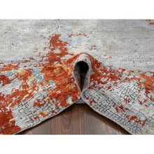 Load image into Gallery viewer, 9&#39;x11&#39;9&quot; Flame Orange with Cloud Gray, Densely Woven, Abstract with Fire Mosaic Design, Wool and Silk, Hand Knotted, Oriental Rug FWR61086