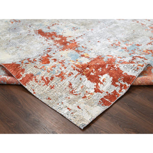9'x11'9" Flame Orange with Cloud Gray, Densely Woven, Abstract with Fire Mosaic Design, Wool and Silk, Hand Knotted, Oriental Rug FWR61086