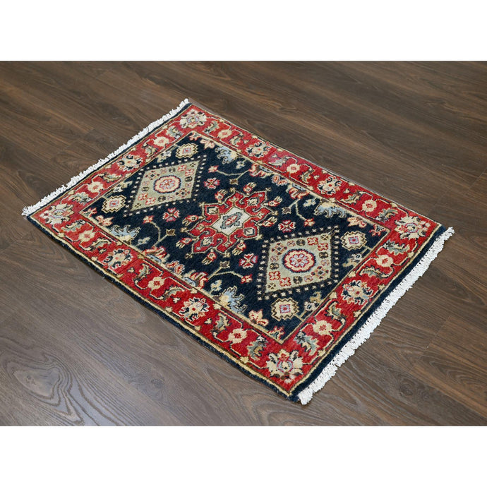 2'x3' Power Black, Hand Knotted, Karajeh with Medallion Design, Vegetable Dyes, Soft Pile, 100% Wool, Mat, Oriental Rug FWR61092