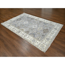 Load image into Gallery viewer, 6&#39;x9&#39; Misty Gray, Pure Wool, Hand Knotted, Karajeh Design With Geometric Medallions, Vegetable Dyes, Oriental Rug FWR61104