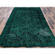Load image into Gallery viewer, 5&#39;1&quot;x7&#39;10&quot; Bottle Green, Vintage Overdyed Persian Shiraz with Geometric Medallion, Worn and Distressed, Shaved Low, Zero Pile, Sides and Ends Professionally Secured, Hand Knotted, 100% Wool, Oriental Rug FWR6108