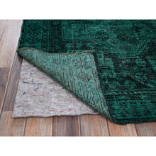 Load image into Gallery viewer, 5&#39;1&quot;x7&#39;10&quot; Bottle Green, Vintage Overdyed Persian Shiraz with Geometric Medallion, Worn and Distressed, Shaved Low, Zero Pile, Sides and Ends Professionally Secured, Hand Knotted, 100% Wool, Oriental Rug FWR6108
