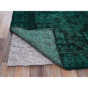 5'1"x7'10" Bottle Green, Vintage Overdyed Persian Shiraz with Geometric Medallion, Worn and Distressed, Shaved Low, Zero Pile, Sides and Ends Professionally Secured, Hand Knotted, 100% Wool, Oriental Rug FWR6108