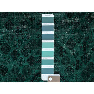 5'1"x7'10" Bottle Green, Vintage Overdyed Persian Shiraz with Geometric Medallion, Worn and Distressed, Shaved Low, Zero Pile, Sides and Ends Professionally Secured, Hand Knotted, 100% Wool, Oriental Rug FWR6108