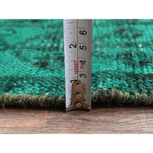 Load image into Gallery viewer, 5&#39;1&quot;x7&#39;10&quot; Bottle Green, Vintage Overdyed Persian Shiraz with Geometric Medallion, Worn and Distressed, Shaved Low, Zero Pile, Sides and Ends Professionally Secured, Hand Knotted, 100% Wool, Oriental Rug FWR6108
