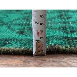 5'1"x7'10" Bottle Green, Vintage Overdyed Persian Shiraz with Geometric Medallion, Worn and Distressed, Shaved Low, Zero Pile, Sides and Ends Professionally Secured, Hand Knotted, 100% Wool, Oriental Rug FWR6108