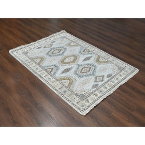5'1"x6'10" Cloud Gray, Persian Village Inspired Geometric Elements Design, Pure Wool, Natural Dyes, Denser Weave, Hand Knotted, Oriental Rug FWR61140