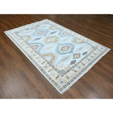 Load image into Gallery viewer, 6&#39;2&quot;x9&#39;1&quot; Pastel Gray With Gold, Persian Village Inspired Geometric Elements Design, Pure Wool, Vegetable Dyes, Densely Woven, Hand Knotted, Oriental Rug FWR61146