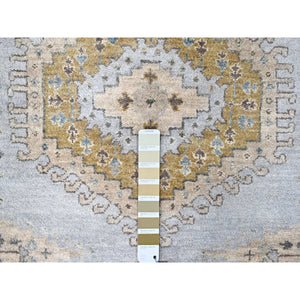 6'2"x9'1" Pastel Gray With Gold, Persian Village Inspired Geometric Elements Design, Pure Wool, Vegetable Dyes, Densely Woven, Hand Knotted, Oriental Rug FWR61146