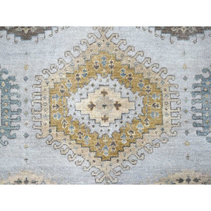 6'2"x9'1" Pastel Gray With Gold, Persian Village Inspired Geometric Elements Design, Pure Wool, Vegetable Dyes, Densely Woven, Hand Knotted, Oriental Rug FWR61146