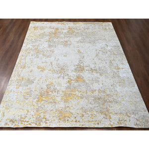 9'x12' Beige With Gold, Abstract Design, Wool And Silk, Hi-low Pile, Densely Woven, Hand Knotted, Oriental Rug FWR61170