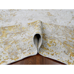 9'x12' Beige With Gold, Abstract Design, Wool And Silk, Hi-low Pile, Densely Woven, Hand Knotted, Oriental Rug FWR61170