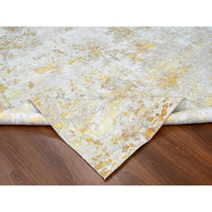 9'x12' Beige With Gold, Abstract Design, Wool And Silk, Hi-low Pile, Densely Woven, Hand Knotted, Oriental Rug FWR61170