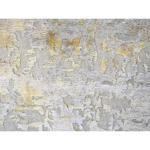 9'x12' Beige With Gold, Abstract Design, Wool And Silk, Hi-low Pile, Densely Woven, Hand Knotted, Oriental Rug FWR61170