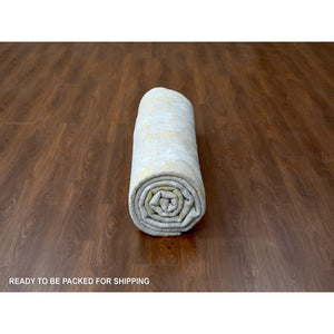 9'x12' Beige With Gold, Abstract Design, Wool And Silk, Hi-low Pile, Densely Woven, Hand Knotted, Oriental Rug FWR61170