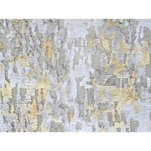 2'7"x7'10" Beige With Gold, Abstract Design, Wool And Silk, Hi-low Pile, Densely Woven, Hand Knotted, Runner, Oriental Rug FWR61176