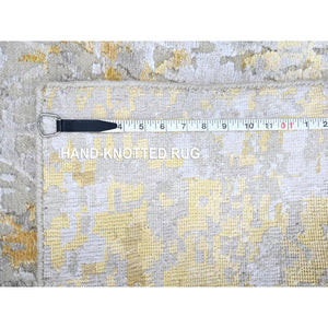 2'7"x7'10" Beige With Gold, Abstract Design, Wool And Silk, Hi-low Pile, Densely Woven, Hand Knotted, Runner, Oriental Rug FWR61176