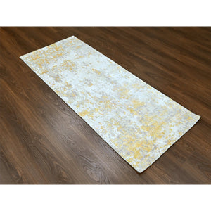 2'6"x6' Beige With Gold, Abstract Design, Wool And Silk, Hi-low Pile, Denser Weave, Hand Knotted, Runner, Oriental Rug FWR61182