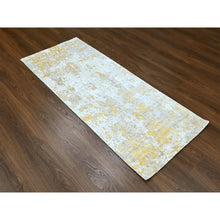 Load image into Gallery viewer, 2&#39;6&quot;x6&#39; Beige With Gold, Abstract Design, Wool And Silk, Hi-low Pile, Denser Weave, Hand Knotted, Runner, Oriental Rug FWR61182