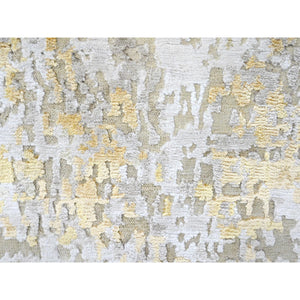 2'6"x6' Beige With Gold, Abstract Design, Wool And Silk, Hi-low Pile, Denser Weave, Hand Knotted, Runner, Oriental Rug FWR61182