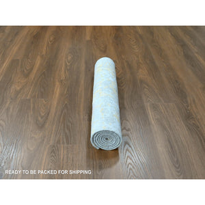 2'6"x6' Beige With Gold, Abstract Design, Wool And Silk, Hi-low Pile, Denser Weave, Hand Knotted, Runner, Oriental Rug FWR61182