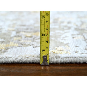 2'6"x6' Beige With Gold, Abstract Design, Wool And Silk, Hi-low Pile, Denser Weave, Hand Knotted, Runner, Oriental Rug FWR61182