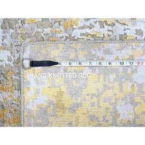 2'6"x6' Beige With Gold, Abstract Design, Wool And Silk, Hi-low Pile, Denser Weave, Hand Knotted, Runner, Oriental Rug FWR61182