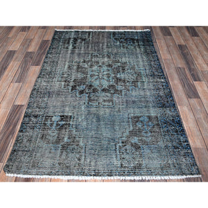 3'6"x5'9" Misty Gray, Ovedyed Vintage Persian Bakhtiar With Large Medallion, Worn And Distressed, Sheared Low, Zero Pile, Sides And Ends Professionally Secured, Hand Knotted, 100% Wool, Oriental Rug FWR6114