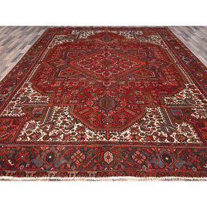 10'x12'5" Vivid Burgundy Red, Evenly Worn, 100% Wool, Hand Knotted, Clean Sides And Ends Secured, Semi Antique Persian Heriz, Good Condition, Oriental Rug FWR606