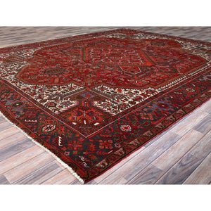 10'x12'5" Vivid Burgundy Red, Evenly Worn, 100% Wool, Hand Knotted, Clean Sides And Ends Secured, Semi Antique Persian Heriz, Good Condition, Oriental Rug FWR606
