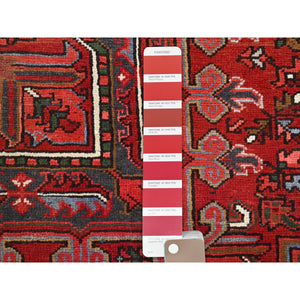 10'x12'5" Vivid Burgundy Red, Evenly Worn, 100% Wool, Hand Knotted, Clean Sides And Ends Secured, Semi Antique Persian Heriz, Good Condition, Oriental Rug FWR606