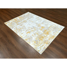 Load image into Gallery viewer, 5&#39;x7&#39; Beige with Gold, Hand Knotted, Abstract Design, Wool and Silk, Hi-Low Pile, Oriental Rug FWR61200