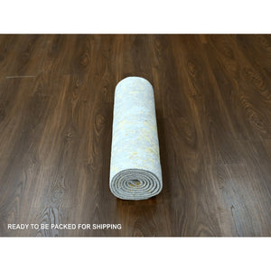 2'7"x7'10" Beige With Gold, Abstract Design, Wool And Silk, Hi-low Pile, Densely Woven, Hand Knotted, Runner, Oriental Rug FWR61206