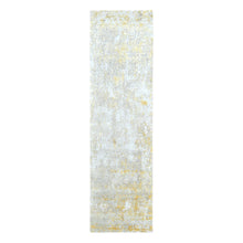 Load image into Gallery viewer, 2&#39;6&quot;x9&#39;9&quot; Beige with Gold, Abstract Design, Wool and Silk, Hi-Low Pile, Densely Woven, Hand Knotted, Runner, Oriental Rug FWR61224