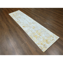Load image into Gallery viewer, 2&#39;6&quot;x9&#39;9&quot; Beige with Gold, Abstract Design, Wool and Silk, Hi-Low Pile, Densely Woven, Hand Knotted, Runner, Oriental Rug FWR61224