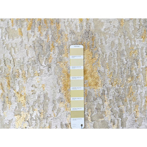 2'6"x9'9" Beige with Gold, Abstract Design, Wool and Silk, Hi-Low Pile, Densely Woven, Hand Knotted, Runner, Oriental Rug FWR61224