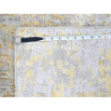 Load image into Gallery viewer, 2&#39;6&quot;x9&#39;9&quot; Beige with Gold, Abstract Design, Wool and Silk, Hi-Low Pile, Densely Woven, Hand Knotted, Runner, Oriental Rug FWR61224