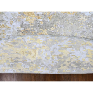 11'10"x11'10" Beige with Gold, Abstract Design, Wool and Silk, Densely Woven, Hi-Low Pile, Hand Knotted, Round, Oriental Rug FWR61236