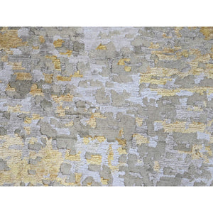 11'10"x11'10" Beige with Gold, Abstract Design, Wool and Silk, Densely Woven, Hi-Low Pile, Hand Knotted, Round, Oriental Rug FWR61236