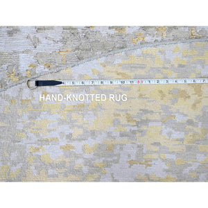 11'10"x11'10" Beige with Gold, Abstract Design, Wool and Silk, Densely Woven, Hi-Low Pile, Hand Knotted, Round, Oriental Rug FWR61236