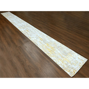 2'7'x23'6" Beige With Gold, Abstract Design, Wool And Silk, Hi-low Pile, Hand Knotted, Xl Runner, Oriental Rug FWR61242