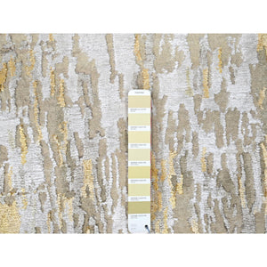 2'7'x23'6" Beige With Gold, Abstract Design, Wool And Silk, Hi-low Pile, Hand Knotted, Xl Runner, Oriental Rug FWR61242