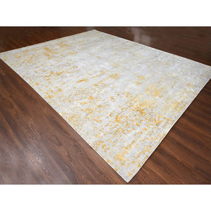12'x14'9" Beige With Gold, Abstract Design, Wool And Silk, Hi-low Pile, Hand Knotted, Densely Woven, Oversized, Oriental Rug FWR61248