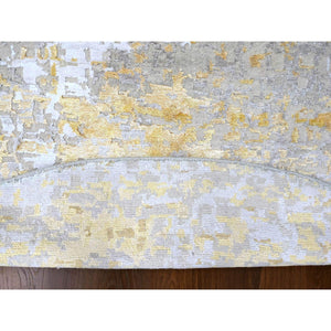 10'x10' Beige with Gold, Abstract Design, Wool and Silk, Hi-Low Pile, Hand Knotted, Round, Oriental Rug FWR61254