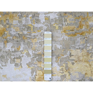 10'x10' Beige with Gold, Abstract Design, Wool and Silk, Hi-Low Pile, Hand Knotted, Round, Oriental Rug FWR61254