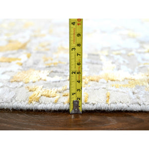 10'x10' Beige with Gold, Abstract Design, Wool and Silk, Hi-Low Pile, Hand Knotted, Round, Oriental Rug FWR61254